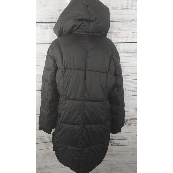 French Connection Jacket XL Black Asymmetrical Zip-Up Hooded Puffer Long NEW - Picture 8 of 8